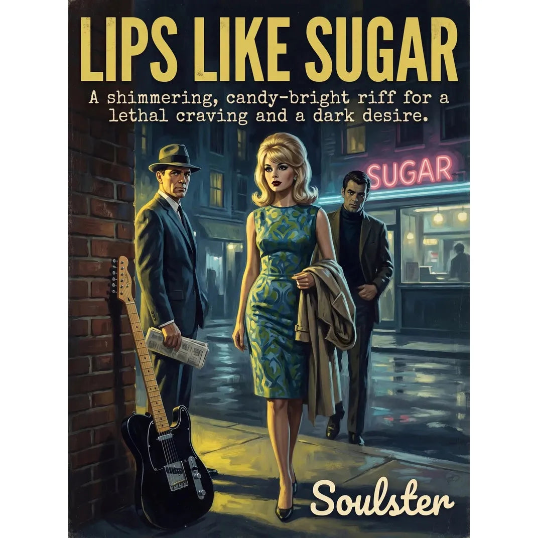 Soulster cinematic vintage pulp book cover art print illustration styled in a classic 1960s design layout inspired by Lips Like Sugar.