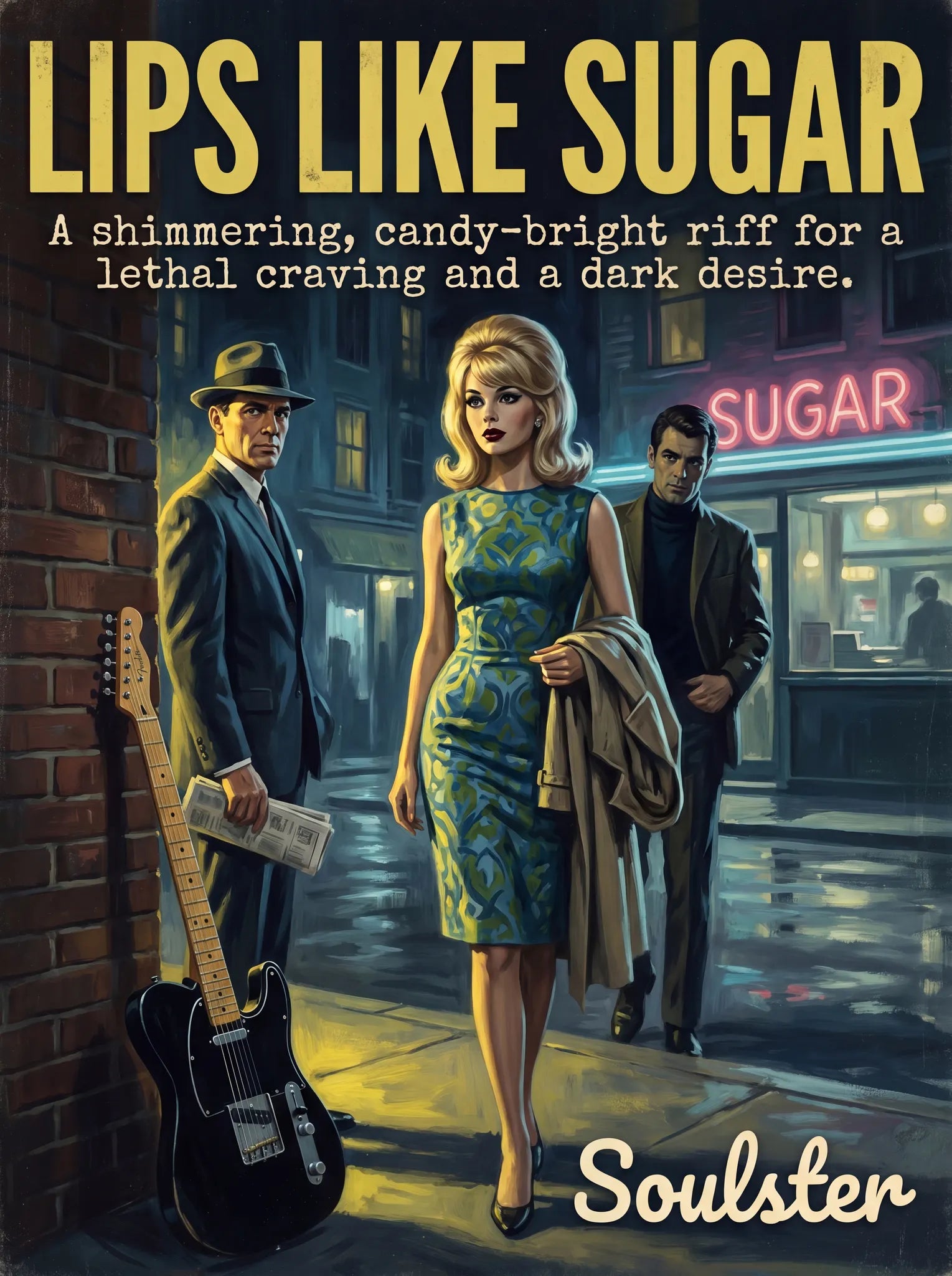 Soulster cinematic vintage pulp book cover art print illustration styled in a classic 1960s design layout inspired by Lips Like Sugar.