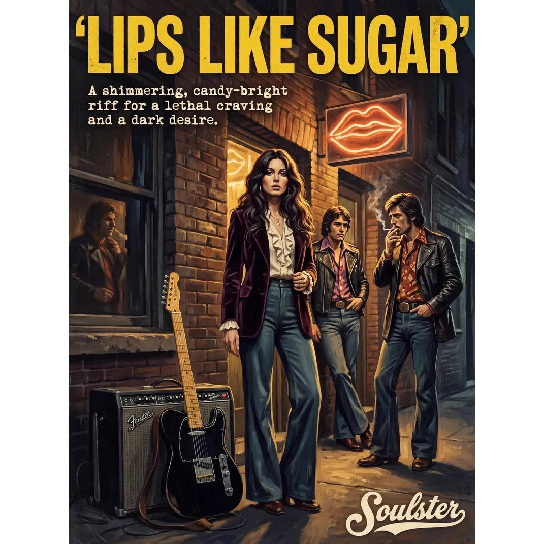 Soulster cinematic vintage pulp book cover art print illustration styled in a classic 1970s design layout inspired by Lips Like Sugar.