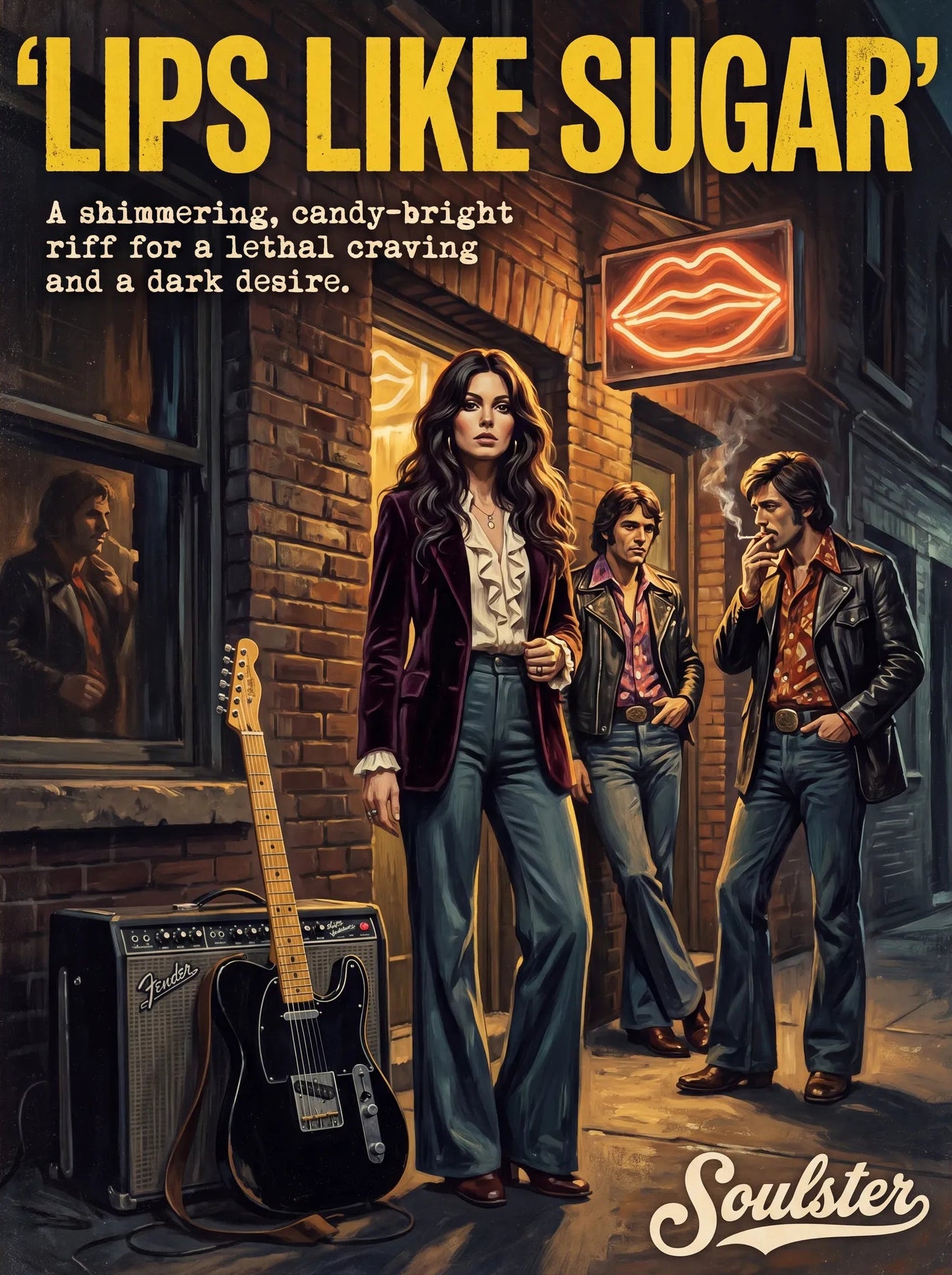 Soulster cinematic vintage pulp book cover art print illustration styled in a classic 1970s design layout inspired by Lips Like Sugar.