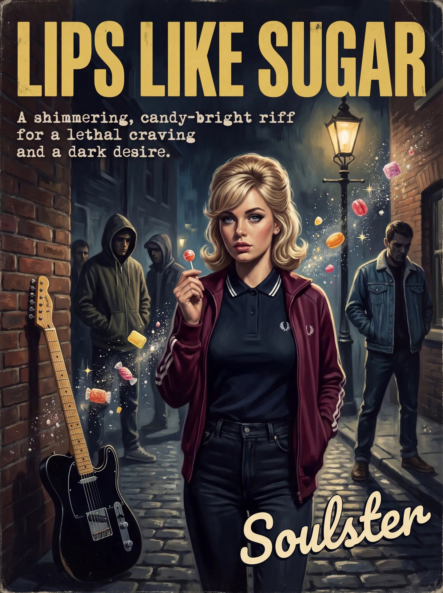 Soulster retro pulp thriller book cover style art print illustration inspired by Alternative Indie - Lips Like Sugar.