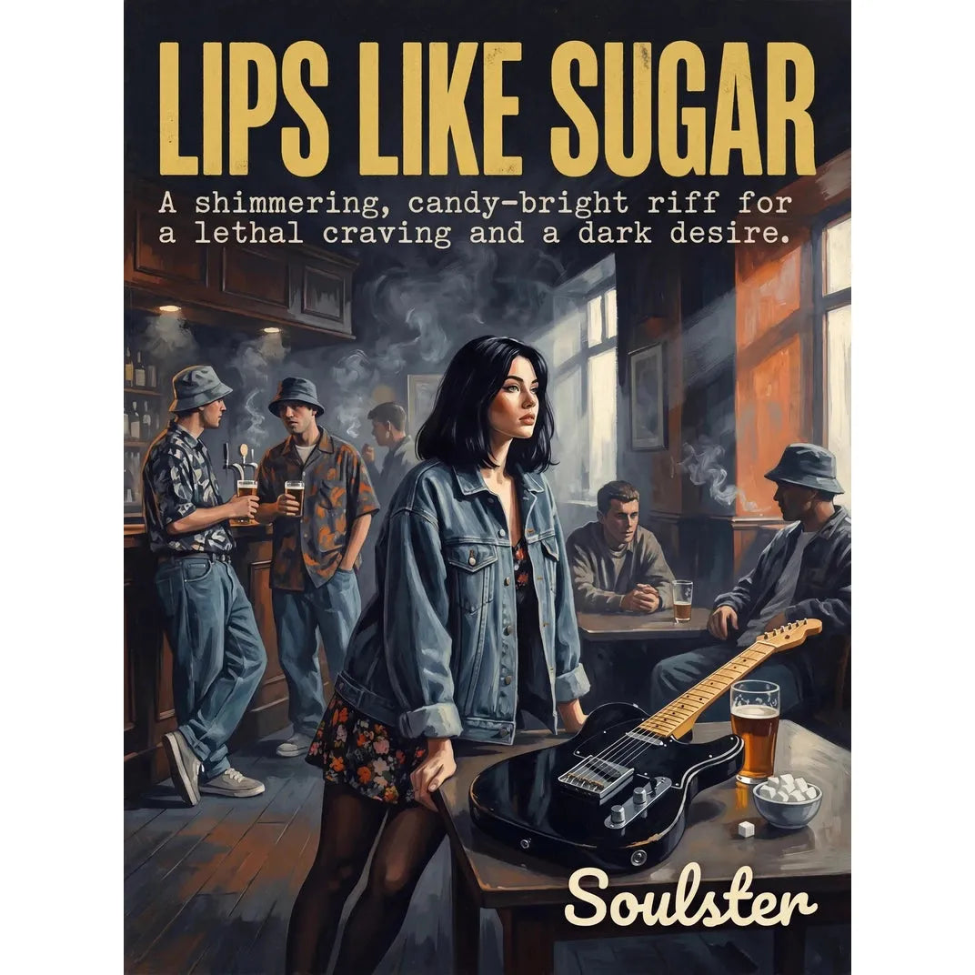 Soulster cinematic vintage pulp book cover art print illustration styled in a classic 1990s design layout inspired by Lips Like Sugar.