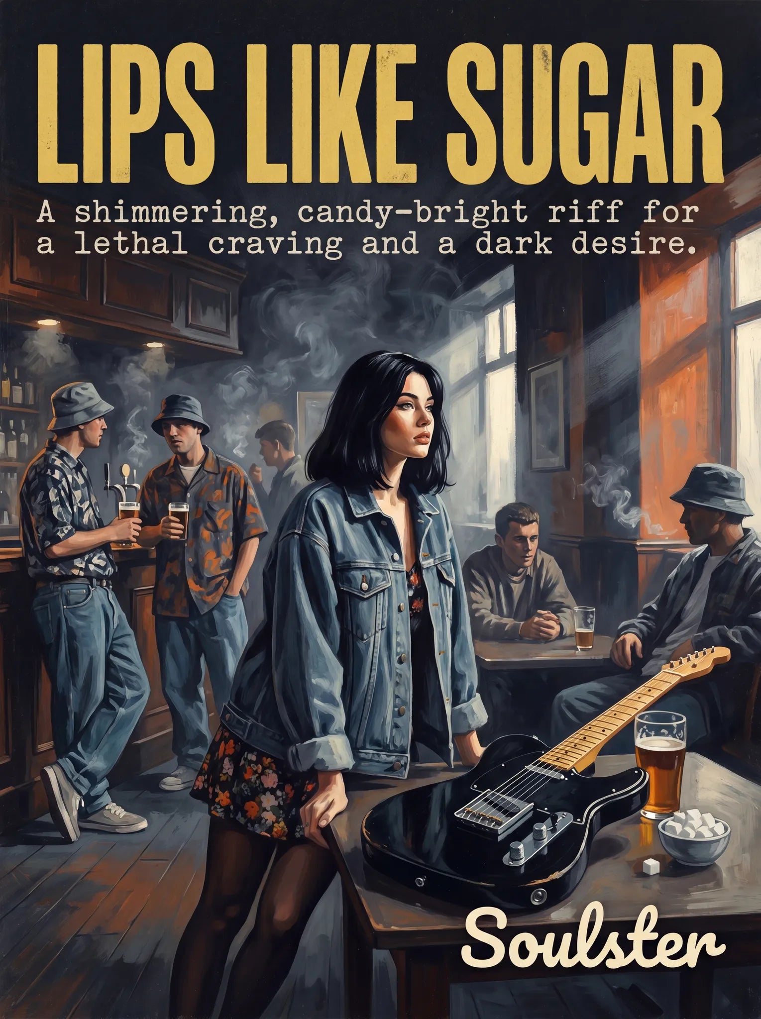 Soulster cinematic vintage pulp book cover art print illustration styled in a classic 1990s design layout inspired by Lips Like Sugar.