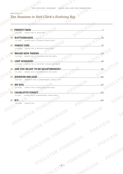 A printed page from a songbook or album booklet showing a contents list titled 'Ten Sessions in Neil Clark's Evolving Rig' with track titles, page numbers, and repeated 'SOULSTER TONEBOOK' watermarks across the page.