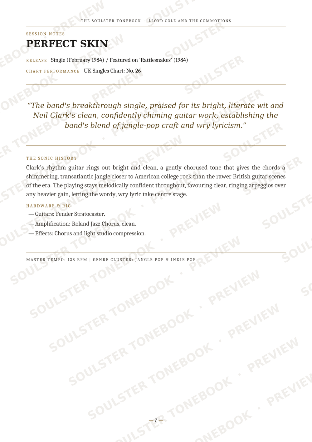 A scanned page from a music book or magazine featuring the song 'Perfect Skin' by The Hollister Tumbler, with song title, release details, a quote, tracklist, and review text. The page has a white background with black text and diagonal watermark text reading 'SOULSTRIKE TONEBOOKS PREVIEW' across it.