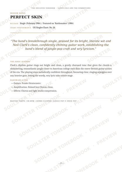 A scanned page from a music book or magazine featuring the song 'Perfect Skin' by The Hollister Tumbler, with song title, release details, a quote, tracklist, and review text. The page has a white background with black text and diagonal watermark text reading 'SOULSTRIKE TONEBOOKS PREVIEW' across it.