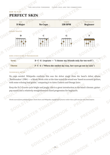 A guitar chord chart titled 'PERFECT SKIN' from Soulster Tonebook, showing D Major chords for verses and G major chords for choruses, with chord diagrams, song structure, and lyrics.