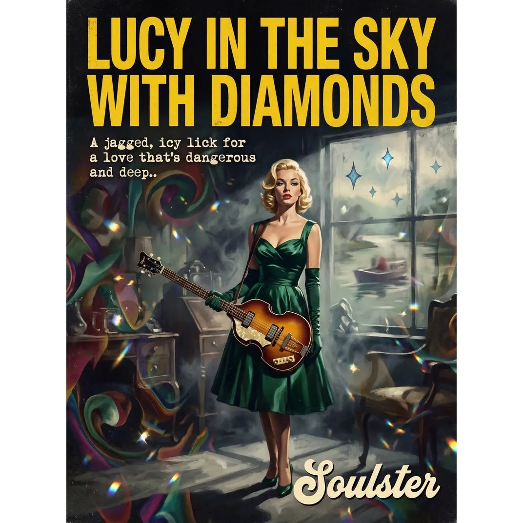 Soulster cinematic vintage pulp book cover art print illustration styled in a classic 1950s design layout inspired by Lucy In The Sky With Diamonds.