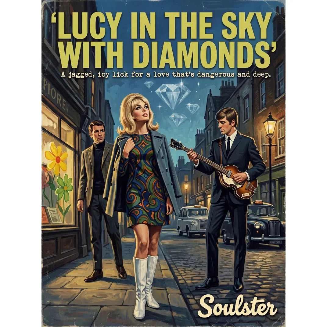Soulster cinematic vintage pulp book cover art print illustration styled in a classic 1960s design layout inspired by Lucy In The Sky With Diamonds.
