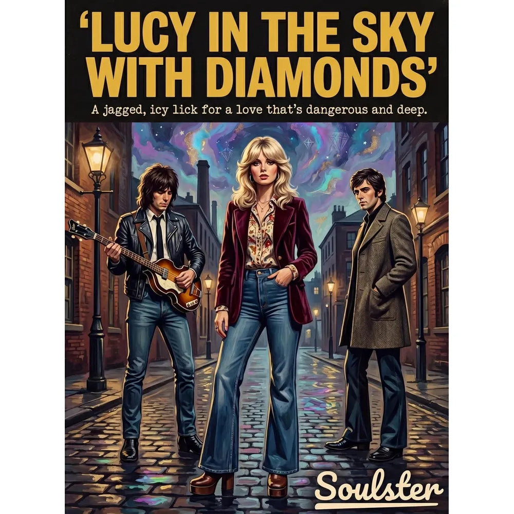 Soulster cinematic vintage pulp book cover art print illustration styled in a classic 1970s design layout inspired by Lucy In The Sky With Diamonds.