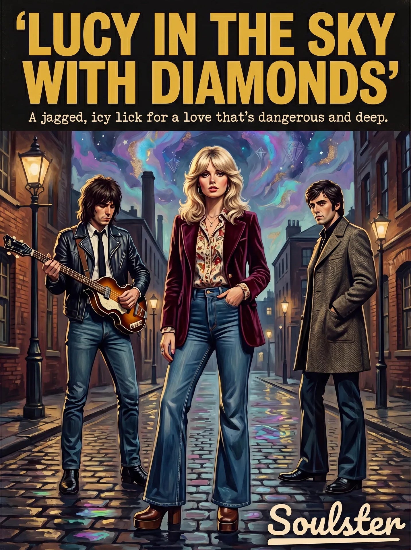 Soulster cinematic vintage pulp book cover art print illustration styled in a classic 1970s design layout inspired by Lucy In The Sky With Diamonds.