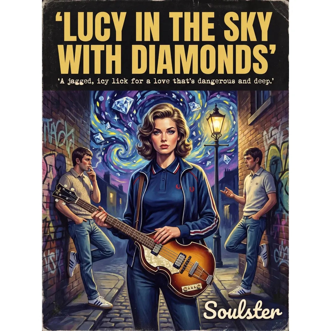 Soulster retro pulp thriller book cover style art print illustration inspired by The Beatles - Lucy In The Sky With Diamonds.