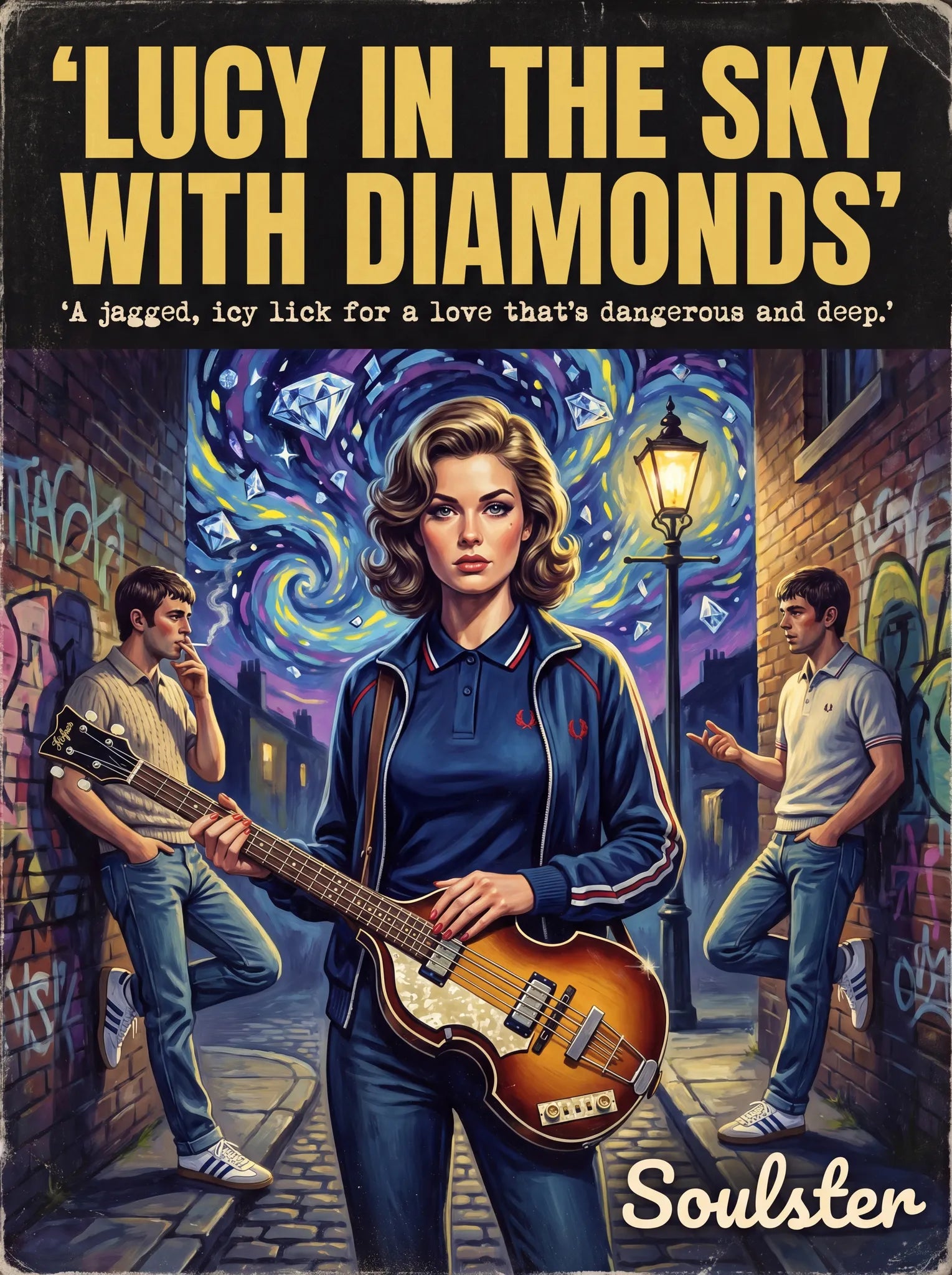 Soulster retro pulp thriller book cover style art print illustration inspired by The Beatles - Lucy In The Sky With Diamonds.