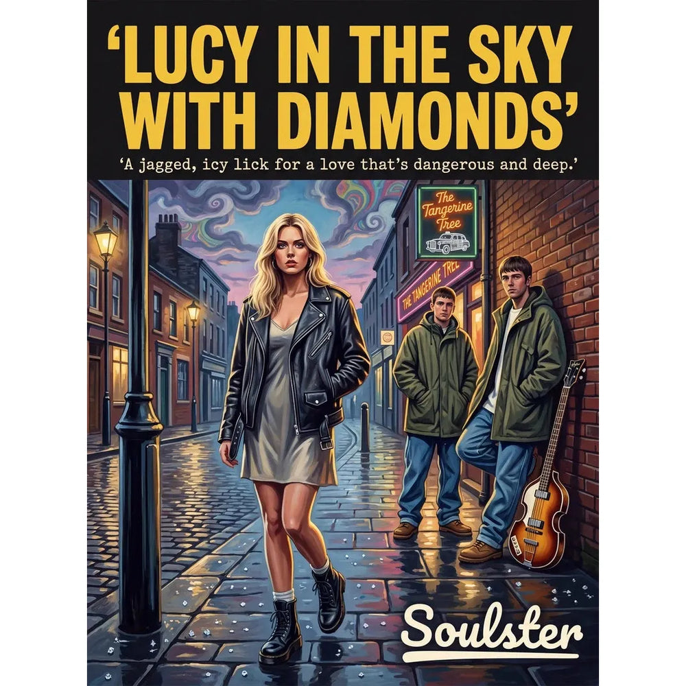 Soulster cinematic vintage pulp book cover art print illustration styled in a classic 1990s design layout inspired by Lucy In The Sky With Diamonds.