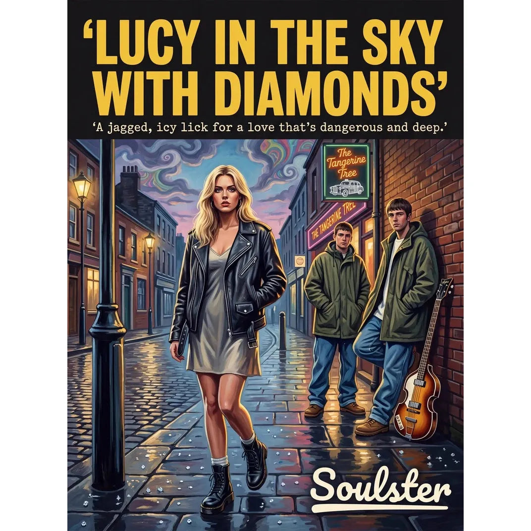 Soulster cinematic vintage pulp book cover art print illustration styled in a classic 1990s design layout inspired by Lucy In The Sky With Diamonds.
