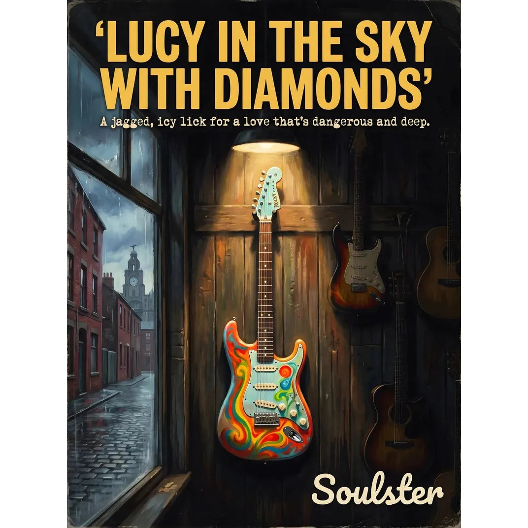 Soulster Manchester Edition wall art print showing a cinematic pulp style design of a Vintage Guitar inspired by Lucy In The Sky With Diamonds - Liverpool.