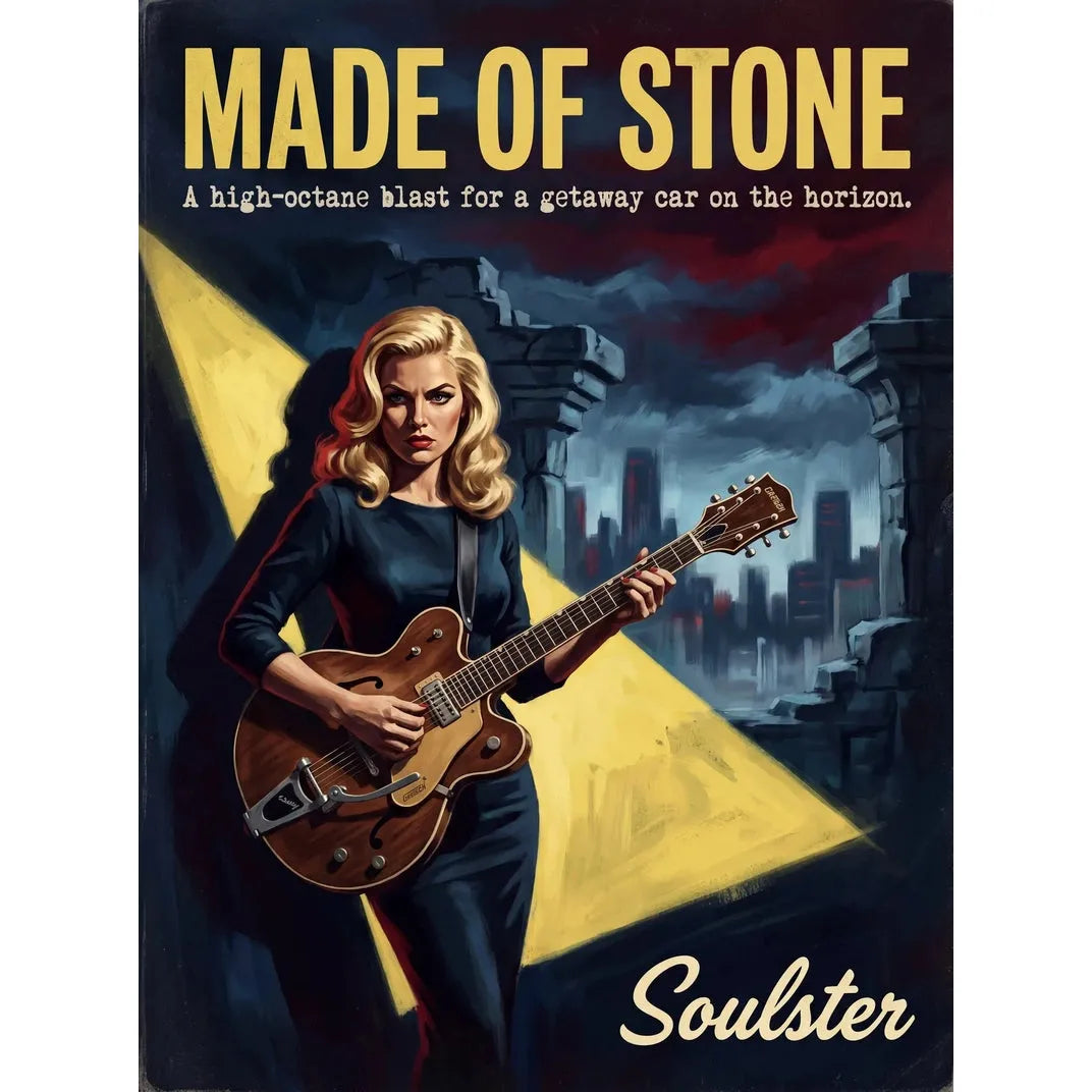 Soulster cinematic vintage pulp book cover art print illustration styled in a classic 1950s design layout inspired by Made Of Stone.