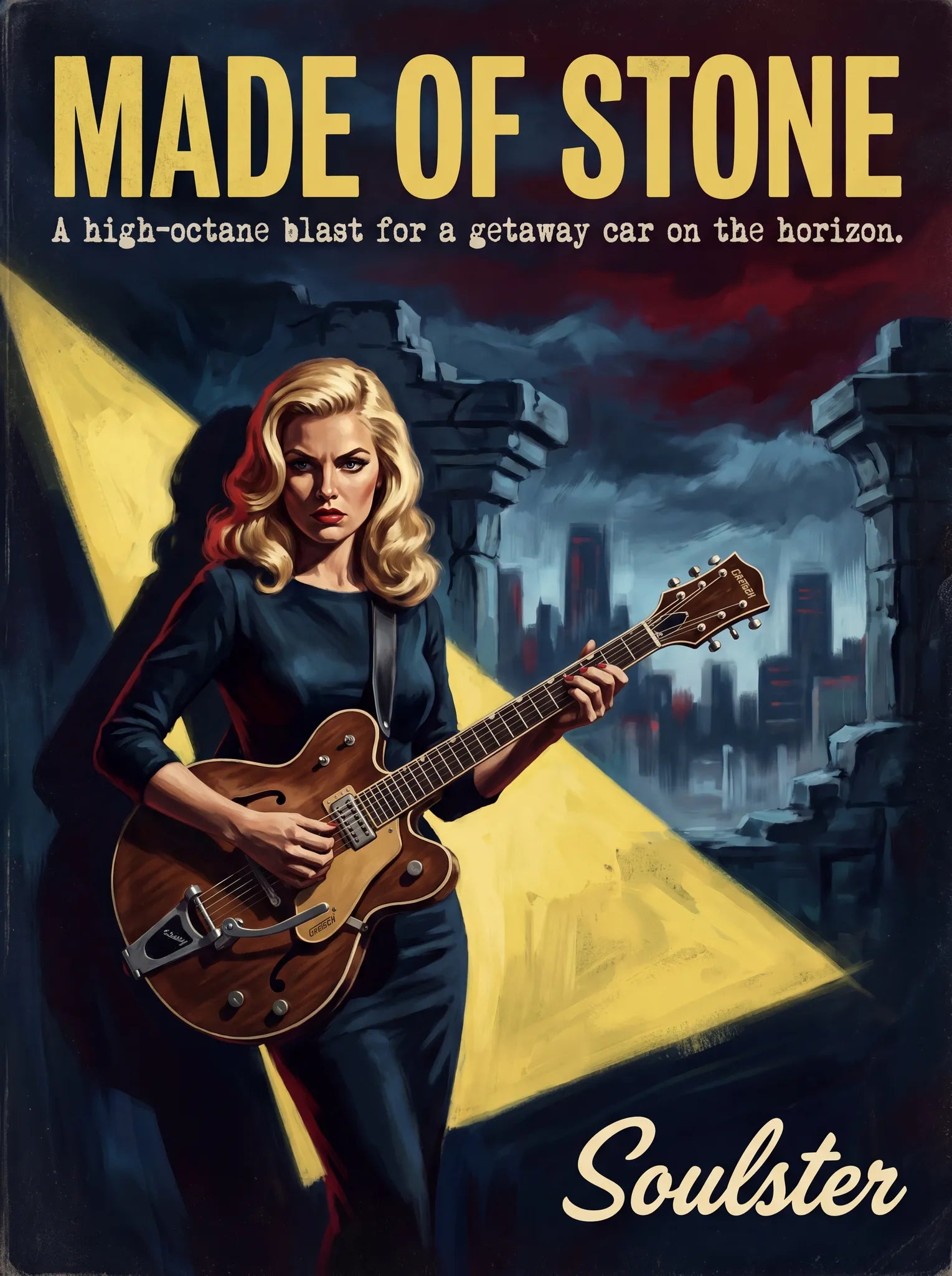 Soulster cinematic vintage pulp book cover art print illustration styled in a classic 1950s design layout inspired by Made Of Stone.