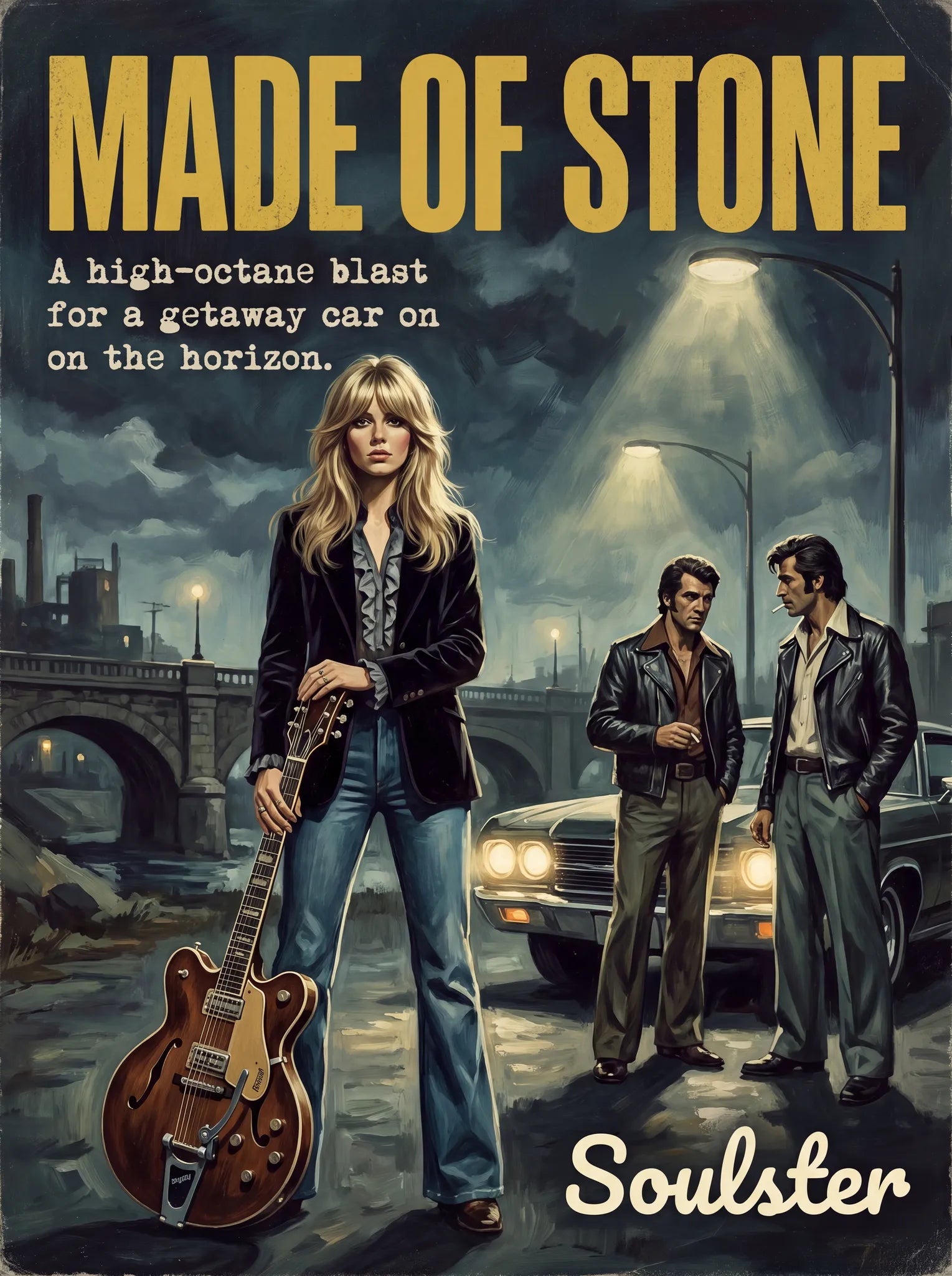 Soulster cinematic vintage pulp book cover art print illustration styled in a classic 1970s design layout inspired by Made Of Stone.