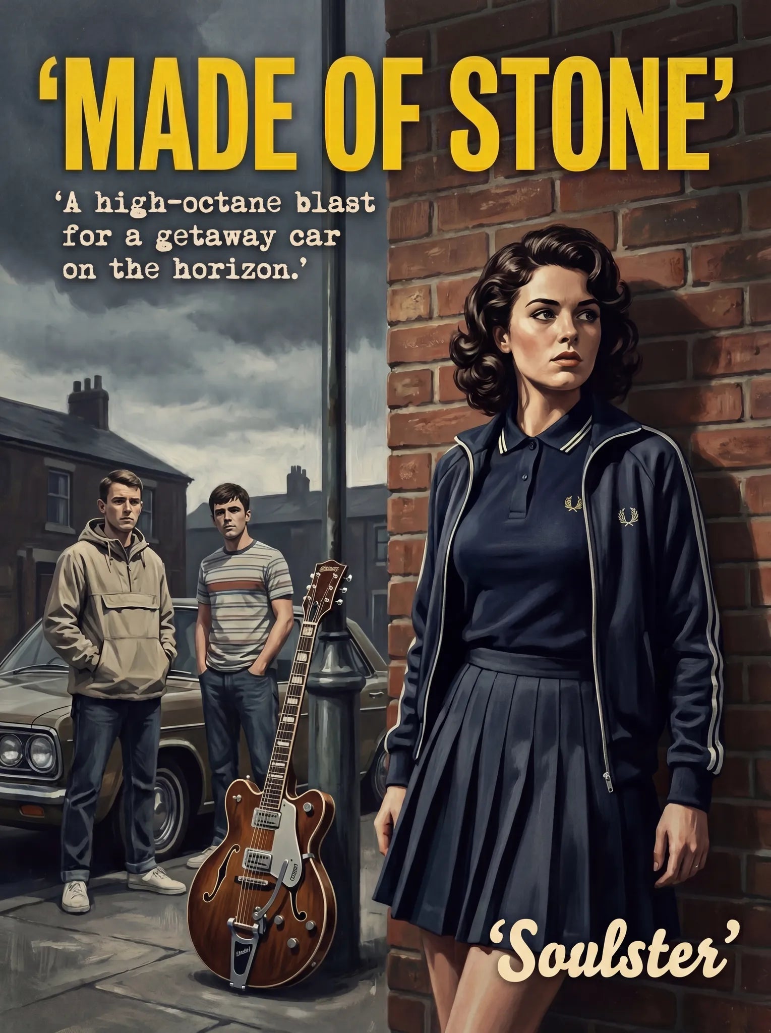 Soulster retro pulp thriller book cover style art print illustration inspired by The Stone Roses - Made Of Stone.