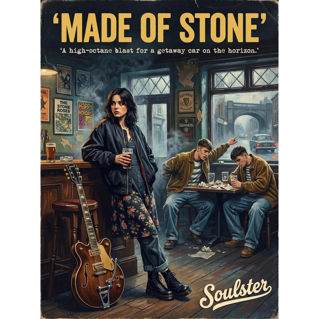 Soulster cinematic vintage pulp book cover art print illustration styled in a classic 1990s design layout inspired by Made Of Stone.
