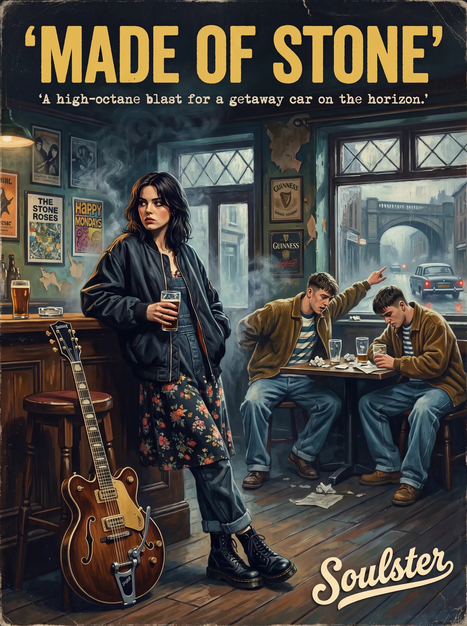 Soulster cinematic vintage pulp book cover art print illustration styled in a classic 1990s design layout inspired by Made Of Stone.