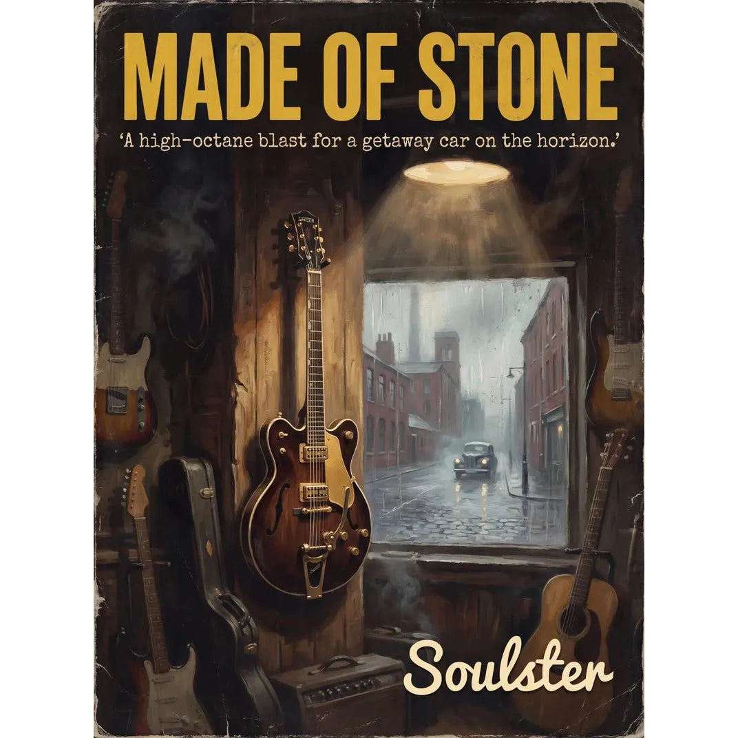 Soulster Manchester Edition wall art print showing a cinematic pulp style design of a Vintage Guitar inspired by Made Of Stone.