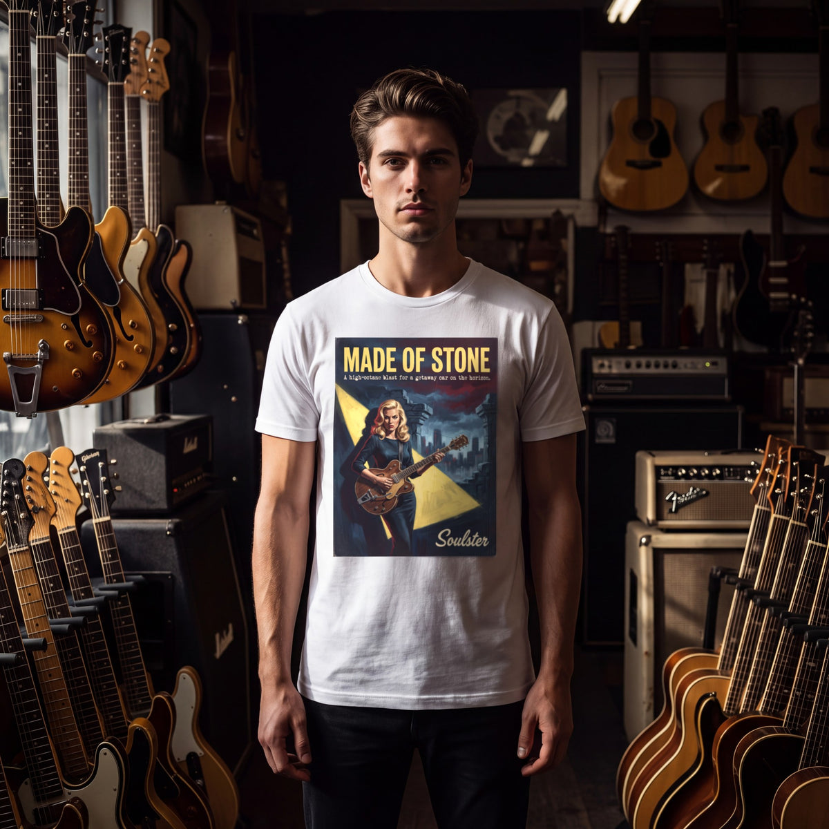 Man wearing the Made Of Stone T-Shirt - Film Noir Edition, front view in a vintage guitar shop.