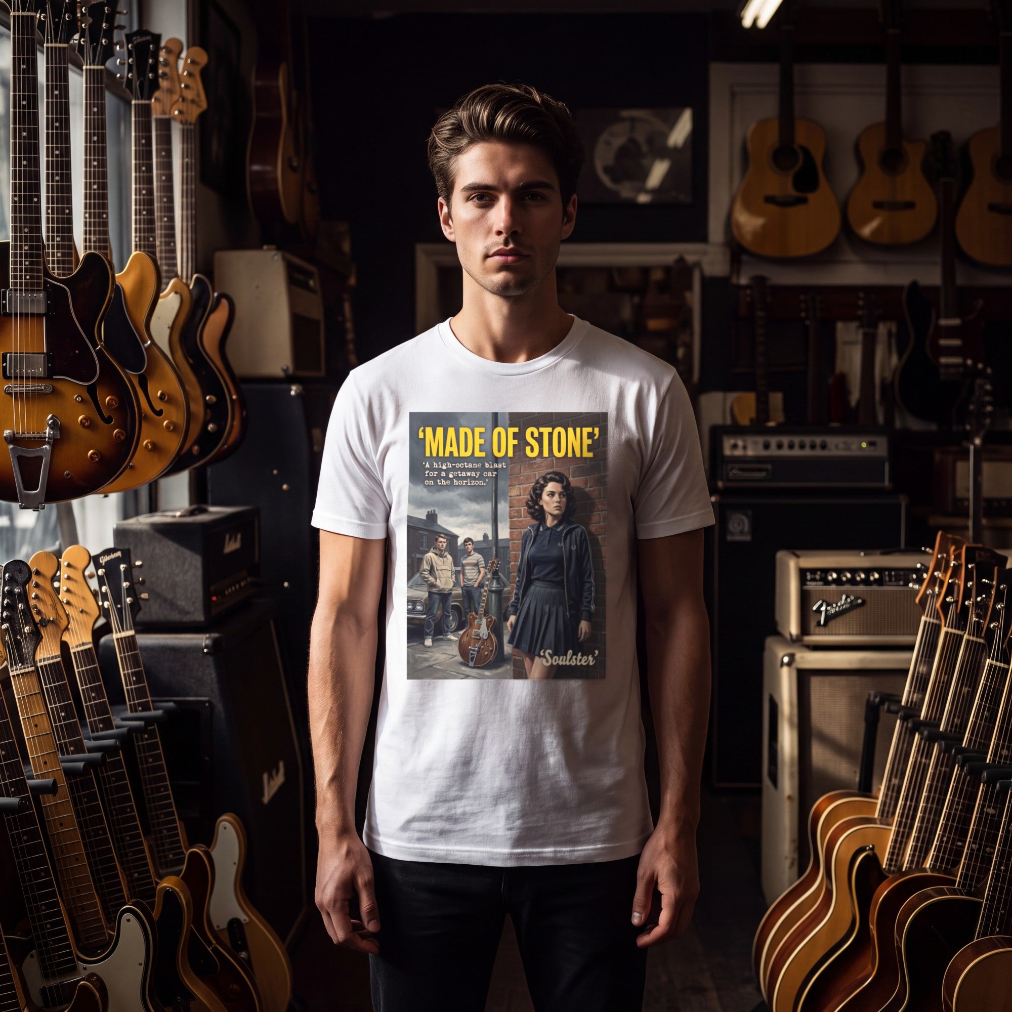 Man wearing the Made Of Stone T-Shirt - Kitchen Sink Edition, front view in a vintage guitar shop.