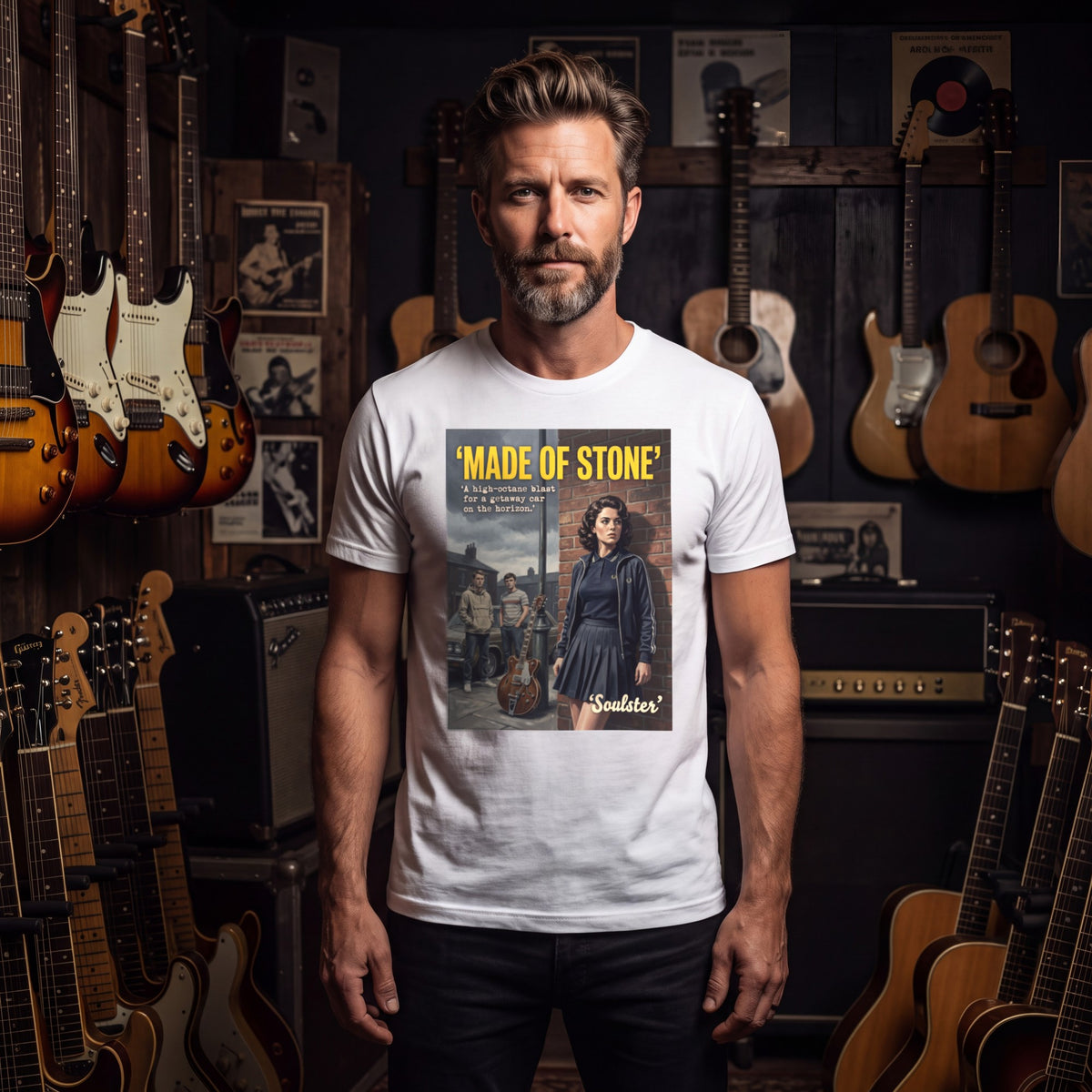 Man wearing the Made Of Stone T-Shirt - Kitchen Sink Edition among vintage guitars and amplifiers.