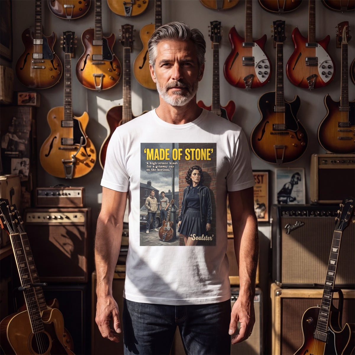 Man wearing the Made Of Stone T-Shirt - Kitchen Sink Edition in a guitar shop in natural daylight.