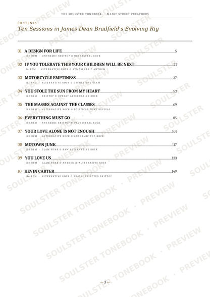 A printed table of contents page from a book titled 'Ten Sessions in James Dean Bradfield's Evolving Rig' by The Soulster Toneworks, showing chapter headings, page numbers, and a list of songs with faint diagonal watermarks across the page.