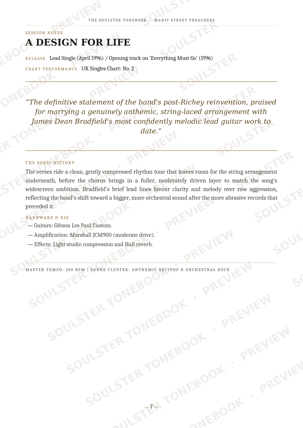 A scanned page from a music publication featuring the song 'A Design for Life' by Led Zeppelin, including songwriting credits, chart performance, a quote, musical style, and track history. The page has a white background with black text and diagonal 'SOULSTER TONEBOOKS PREVIEW' watermarks.