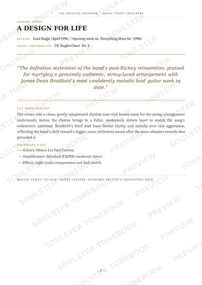 A scanned page from a music publication featuring the song 'A Design for Life' by Led Zeppelin, including songwriting credits, chart performance, a quote, musical style, and track history. The page has a white background with black text and diagonal 'SOULSTER TONEBOOKS PREVIEW' watermarks.