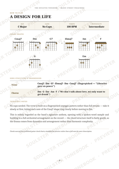 A guitar chord and song structure reference page titled 'A DESIGN FOR LIFE' with chord charts, song details for C Major, and lyrics notes on a white background with diagonal watermark text.