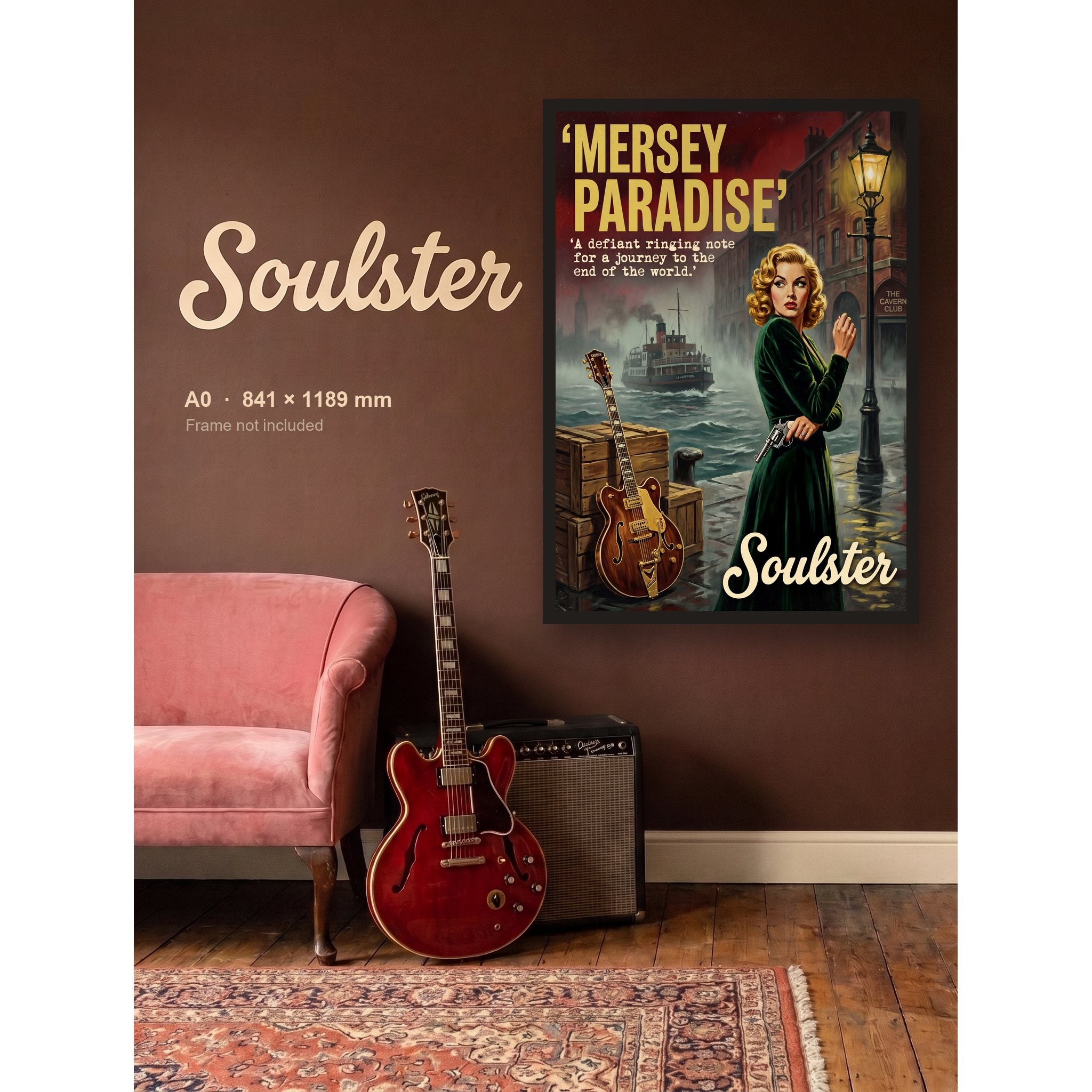 Mersey Paradise - 1950s Print shown framed on a wall in A0 size. Frame not included.