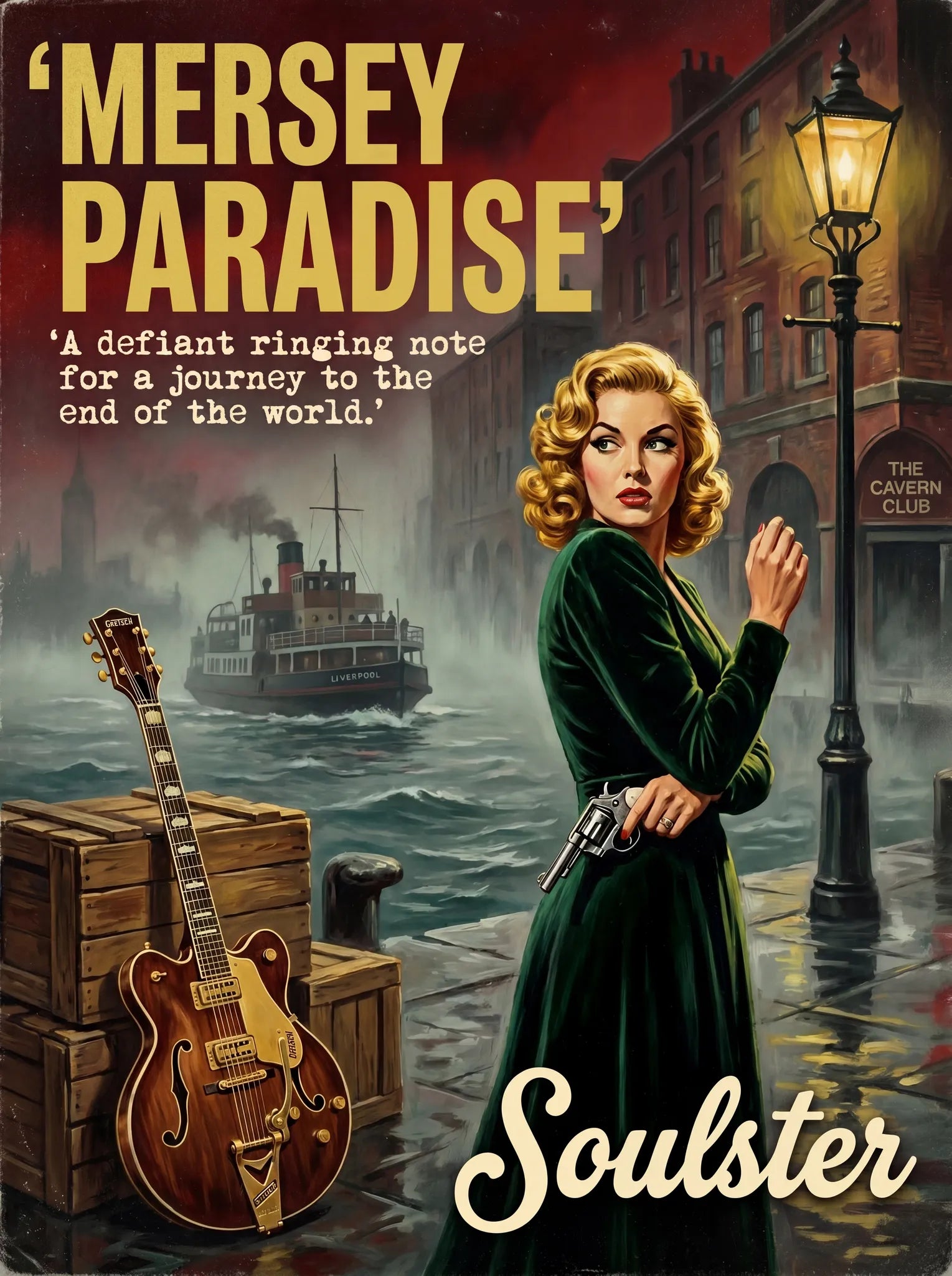Soulster cinematic vintage pulp book cover art print illustration styled in a classic 1950s design layout inspired by Mersey Paradise.