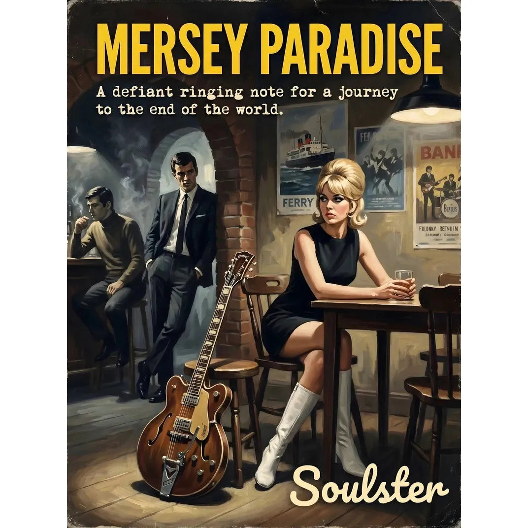 Soulster cinematic vintage pulp book cover art print illustration styled in a classic 1960s design layout inspired by Mersey Paradise.