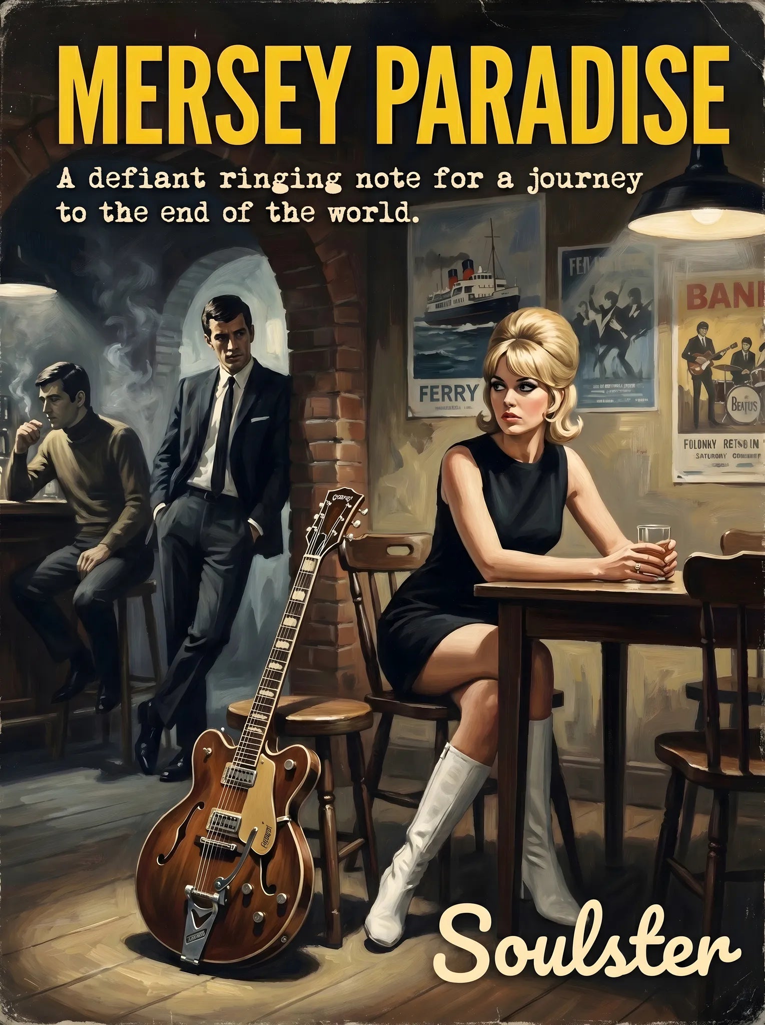 Soulster cinematic vintage pulp book cover art print illustration styled in a classic 1960s design layout inspired by Mersey Paradise.