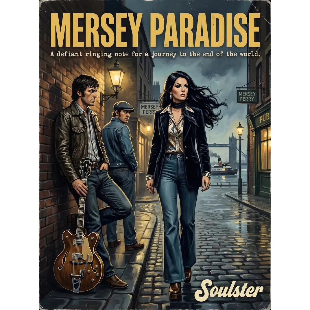 Soulster cinematic vintage pulp book cover art print illustration styled in a classic 1970s design layout inspired by Mersey Paradise.