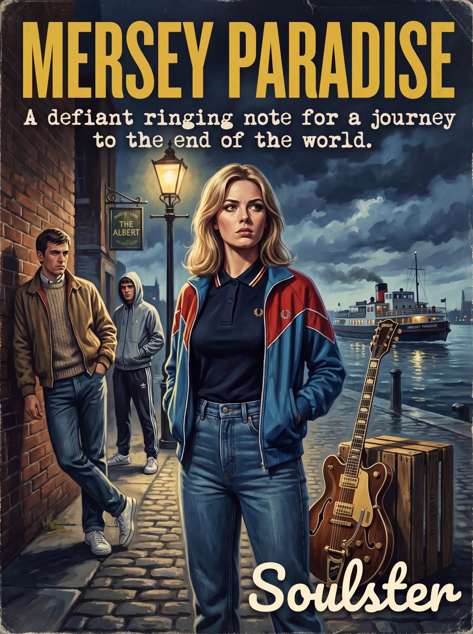 Soulster retro pulp thriller book cover style art print illustration inspired by The Stone Roses - Mersey Paradise.