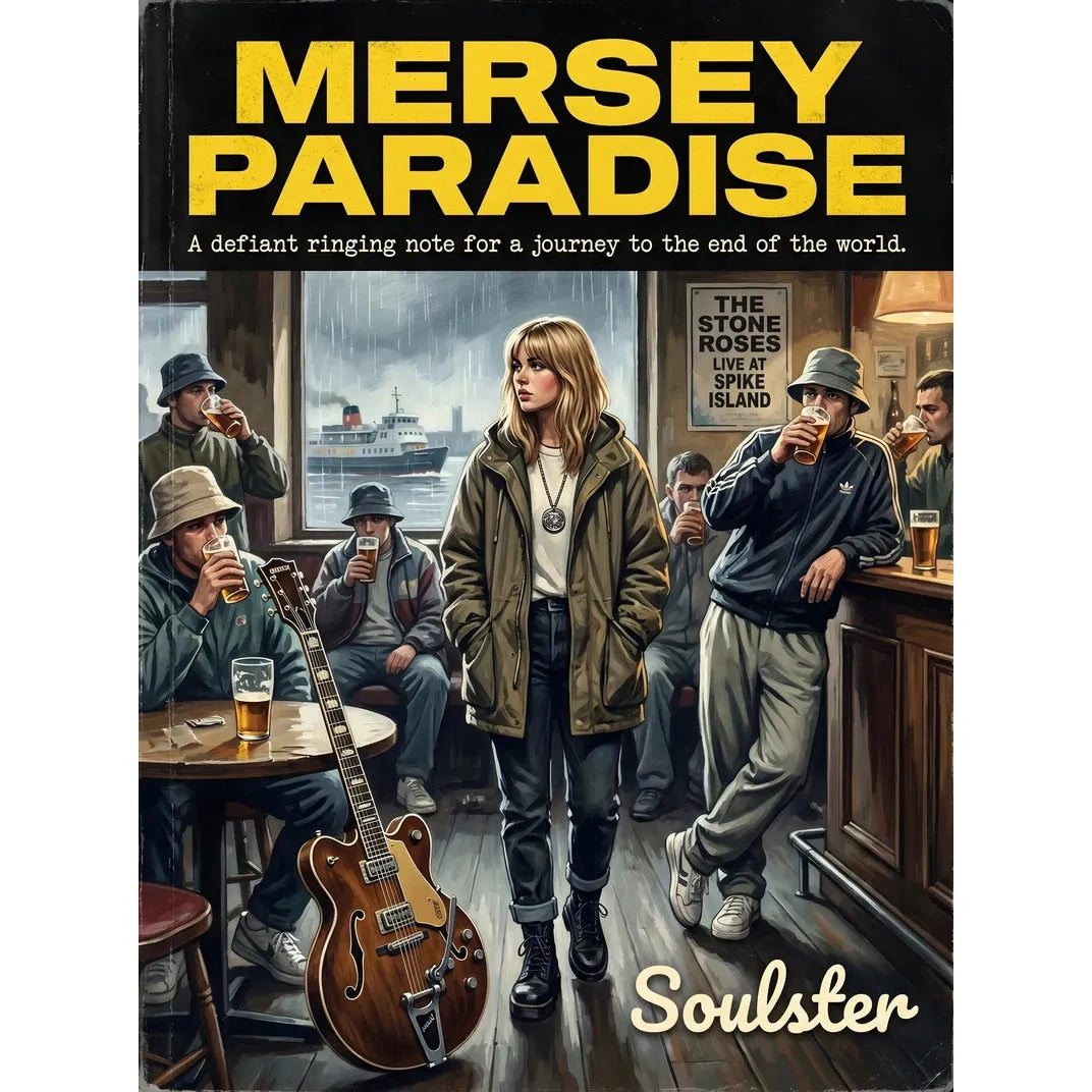 Soulster cinematic vintage pulp book cover art print illustration styled in a classic 1990s design layout inspired by Mersey Paradise.