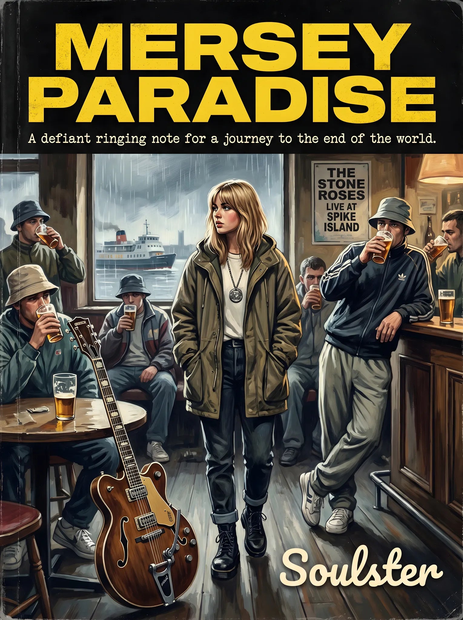 Soulster cinematic vintage pulp book cover art print illustration styled in a classic 1990s design layout inspired by Mersey Paradise.