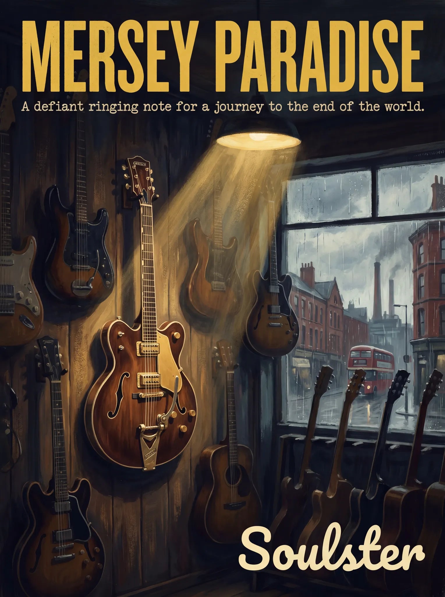 Soulster Manchester Edition wall art print showing a cinematic pulp style design of a Vintage Guitar inspired by Mersey Paradise.