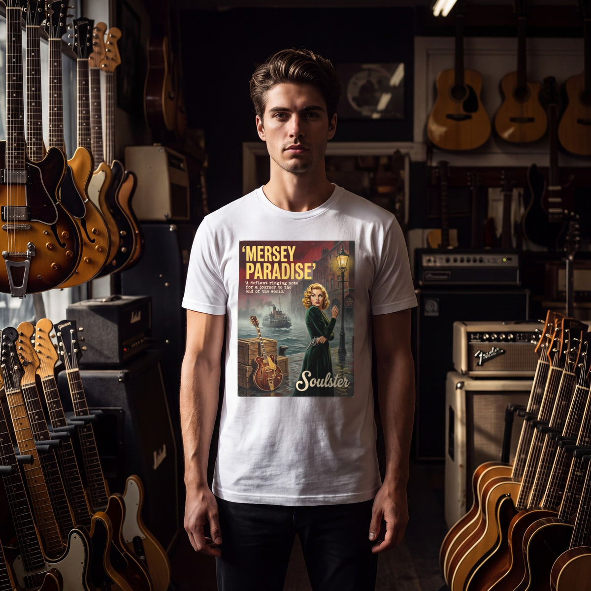 Man wearing the Mersey Paradise T-Shirt - Film Noir Edition, front view in a vintage guitar shop.