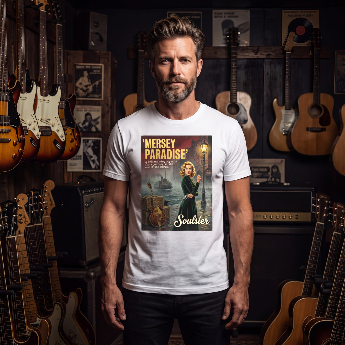 Man wearing the Mersey Paradise T-Shirt - Film Noir Edition among vintage guitars and amplifiers.