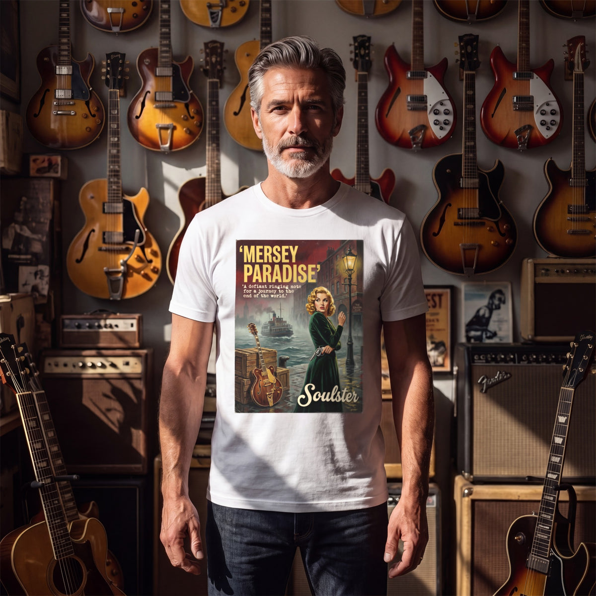 Man wearing the Mersey Paradise T-Shirt - Film Noir Edition in a guitar shop in natural daylight.