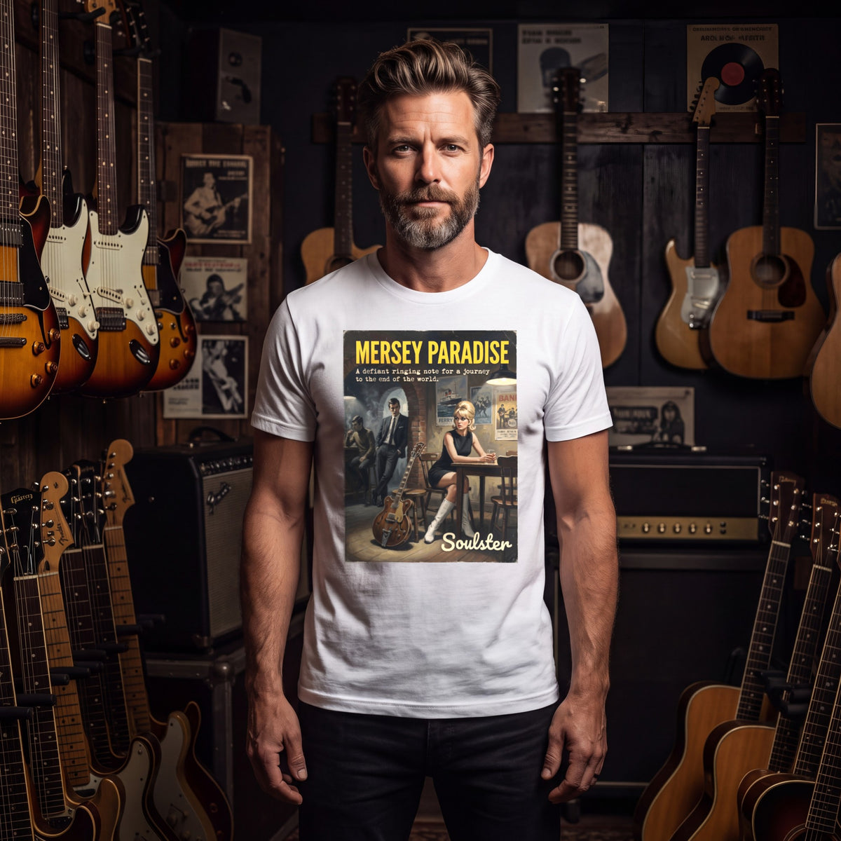 Man wearing the Mersey Paradise T-Shirt - Paperback Edition among vintage guitars and amplifiers.
