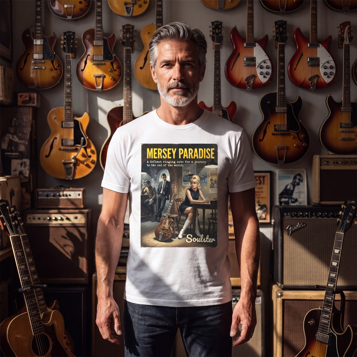 Man wearing the Mersey Paradise T-Shirt - Paperback Edition in a guitar shop in natural daylight.