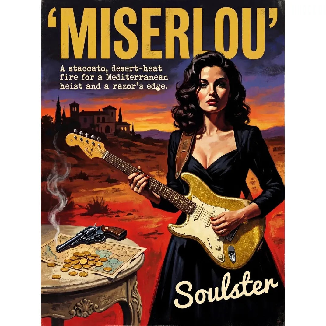 Soulster cinematic vintage pulp book cover art print illustration styled in a classic 1950s theme inspired by Miserlou.